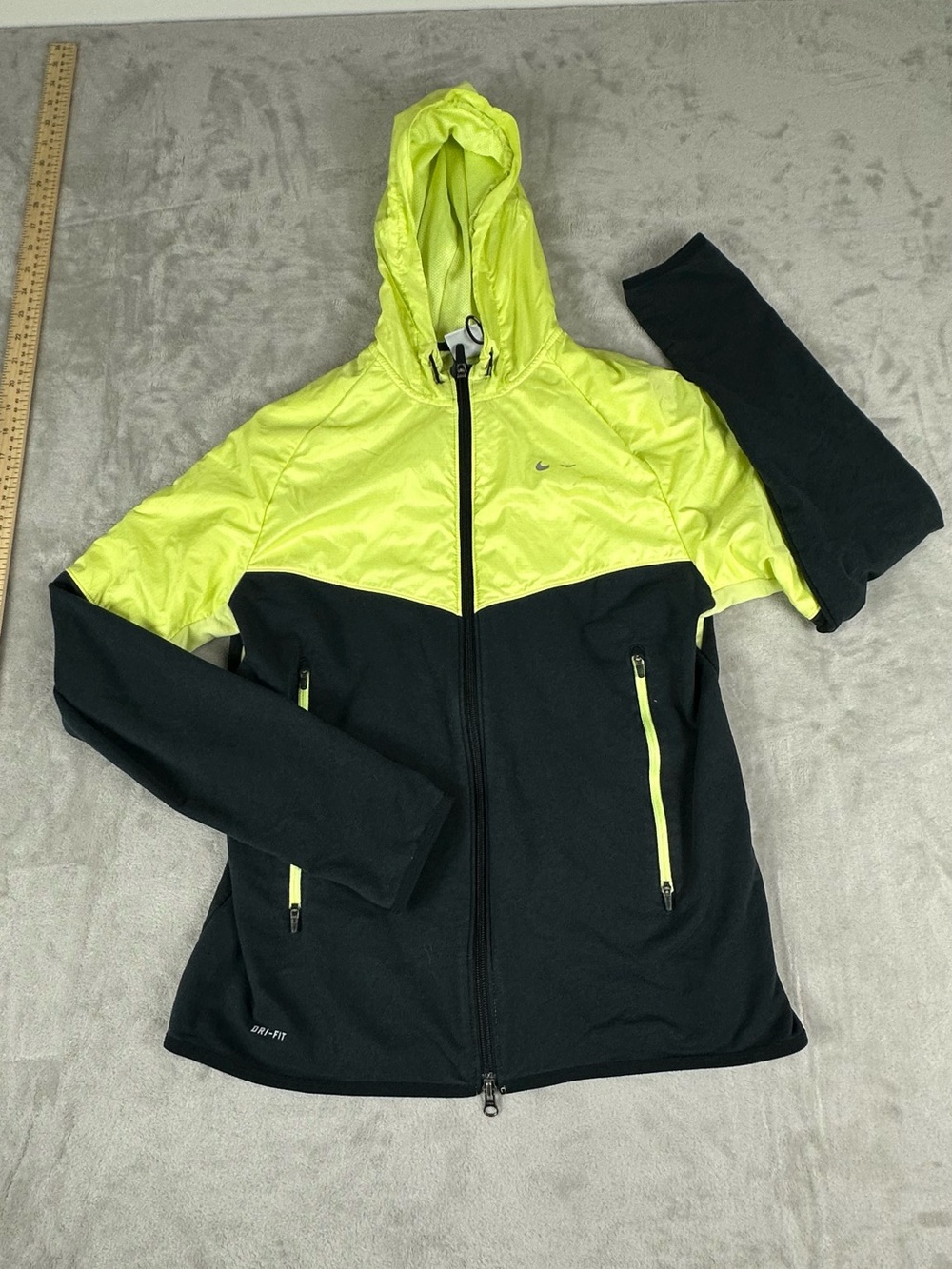 Nike Women's Black and Neon Lime Hooded Utility Jacket